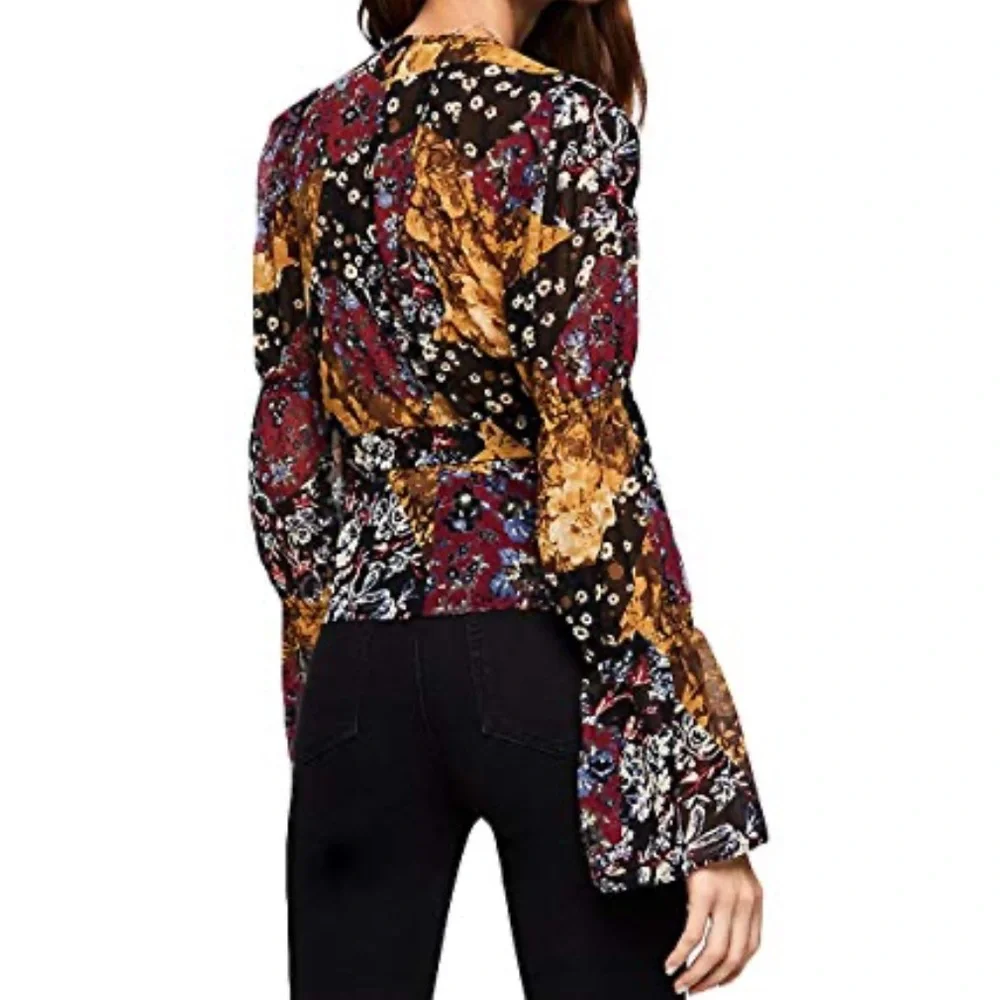 BCBGENERATION Sheer Patchwork Floral Bell Sleeve Wrap Top Whimsigoth Boho | Sz S - Picture 2 of 13